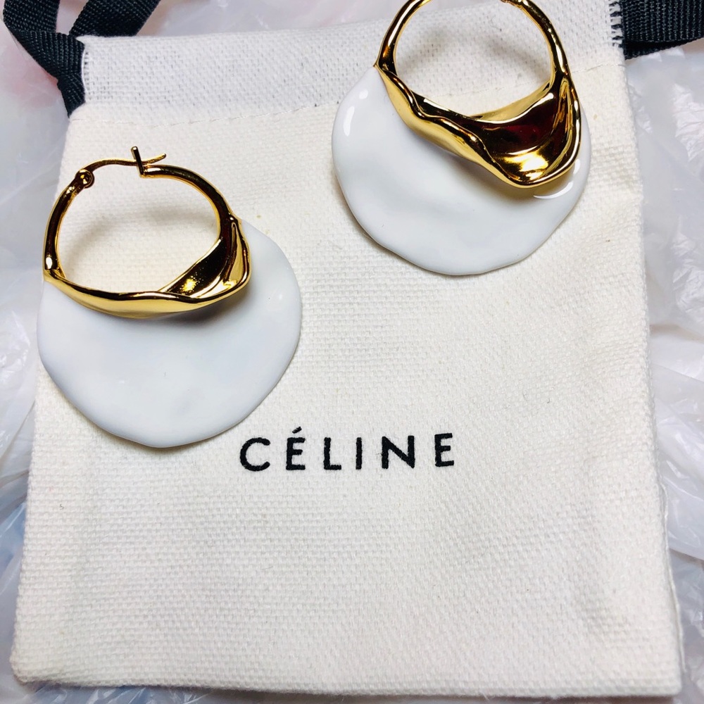 Celine Massive brass GP white large earrings